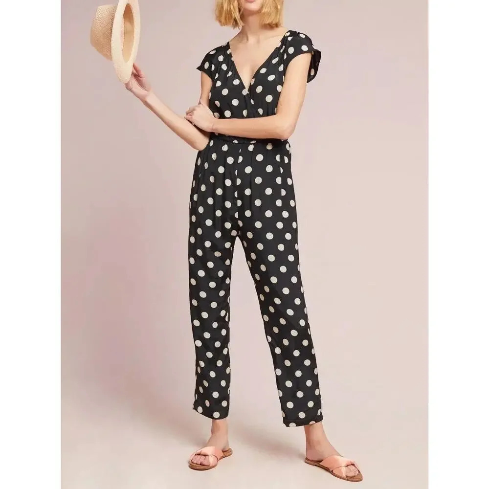 ANTHROPOLOGIE Corey Lynn Calter Wrapped Jumpsuit Polka Dot Black Cream Small